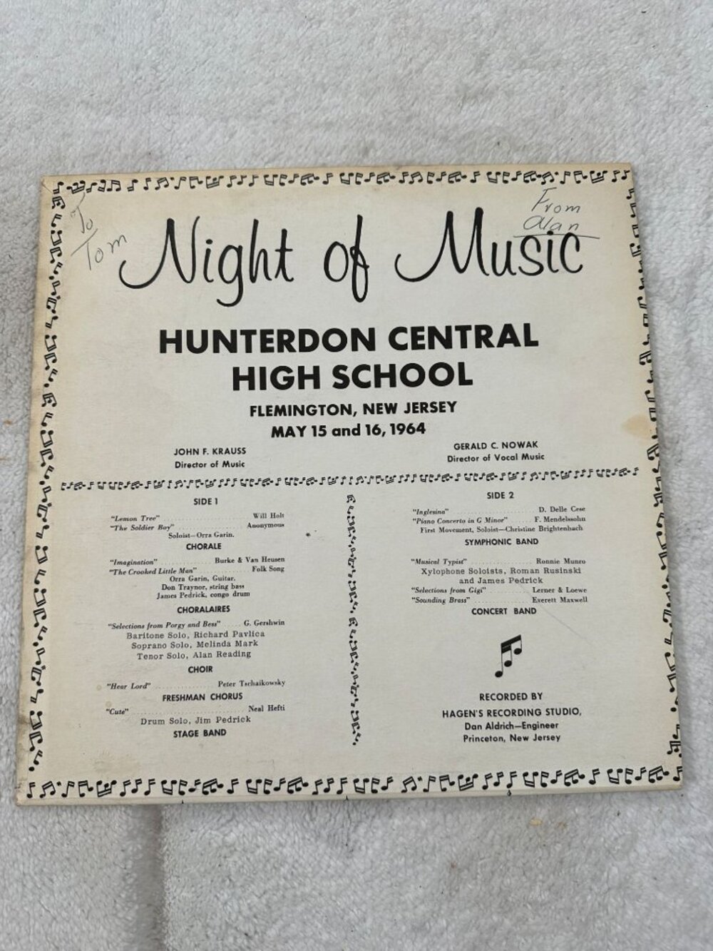 Hunterdon Central High School Night Of Music 1964 LP Vinyl Album 33 RPM